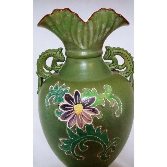NEEDS SIZE   Japanese Nippon Raised Moriage Vase With Lizard Handles Floral Desi - Picture 7 of 10